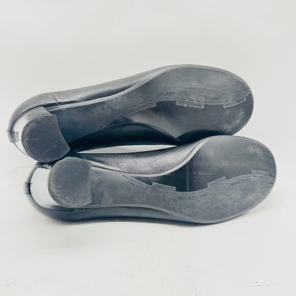 Stuart Weitzman Shoes Womens 7 Black Leather Pump Bow Cap Toe Kitten Chunky Heel - Picture 7 of 9